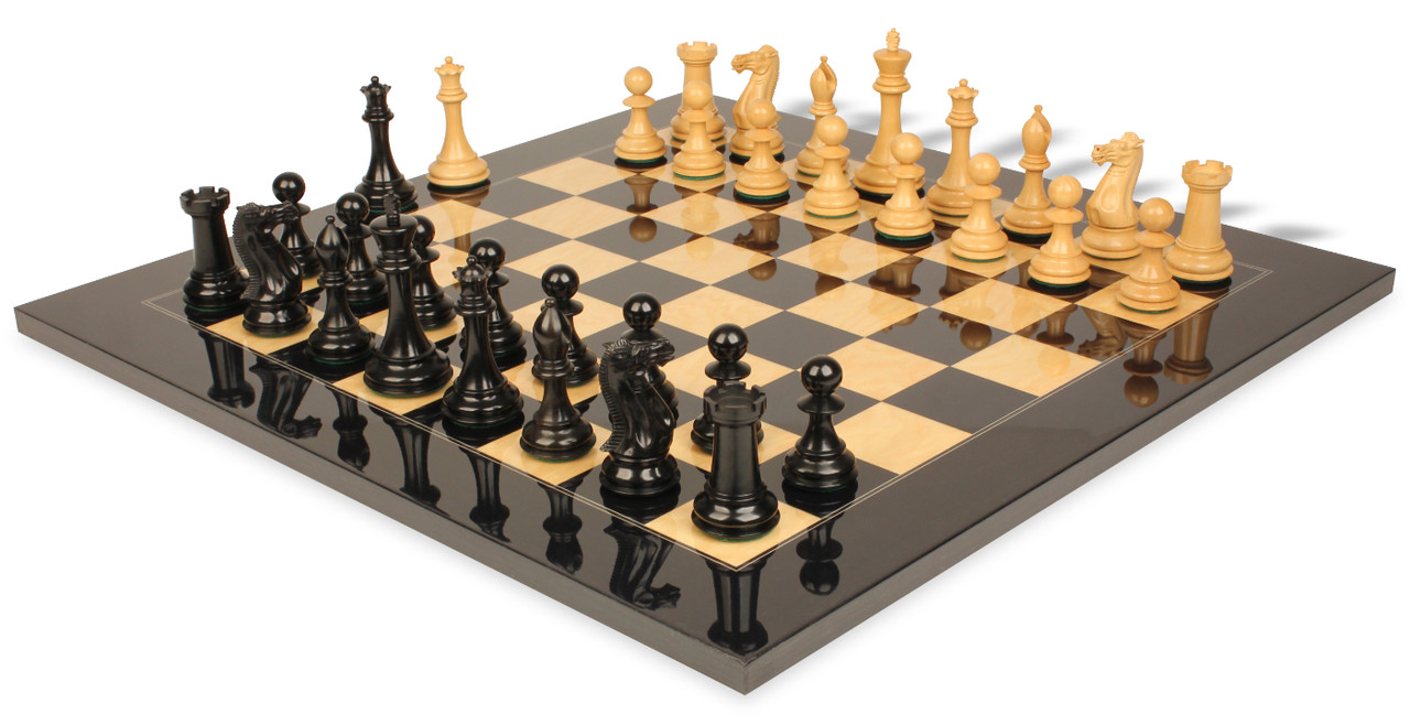 new exclusive staunton chess set ebonized & boxwood pieces with black & ash burl board 3.5" king